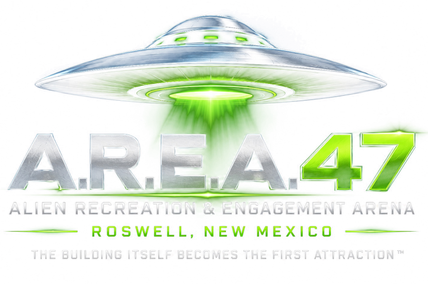 A.R.E.A. 47 — Alien Recreation & Engagement Arena, Roswell, New Mexico. The building itself becomes the first attraction.